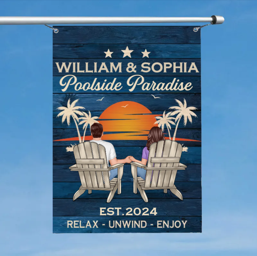 Relaxing Poolside Paradise Decor with Optional Flag Background Couple Sitting Personalized Flag, Sign, Vase - Perfect for Garden, Housewarming, Birthday, Anniversary Gift for Him, Her