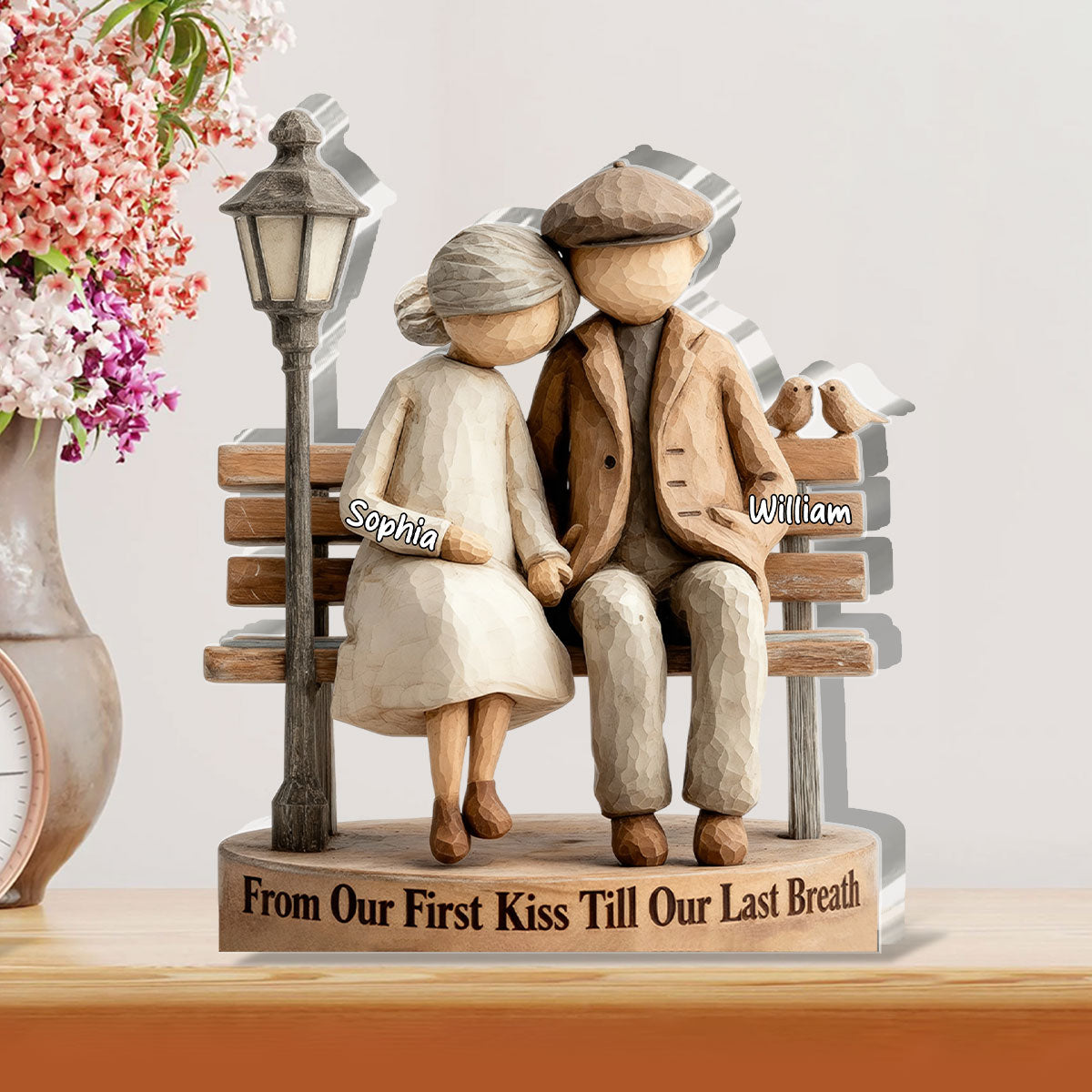 Personalized Shaped Acrylic Block Plaque Couple on Bench, From Our First Kiss Quote, Unique Romantic Gift for Wife or Husband