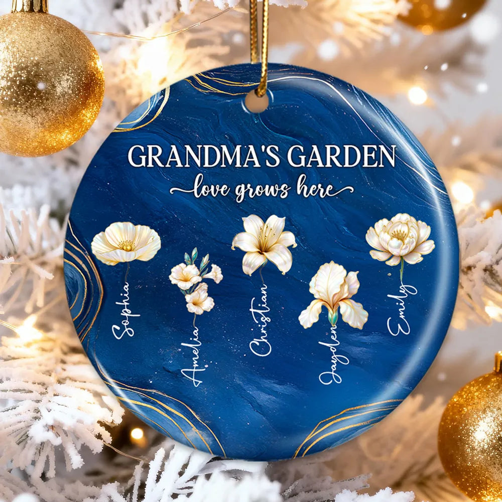 Grandma's Garden Ceramic Ornament, Birth Month Flowers, love grows here - unique gift for Grandma's Christmas tree