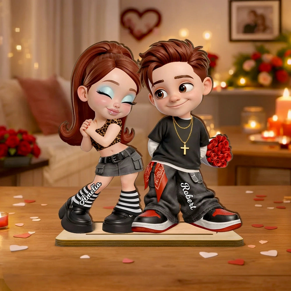 Personalized 2-Layer Wooden Plaque Y2K Style Couple Holding Roses, Unique Gift for Him or Her, Sweet Romantic Desk Decor
