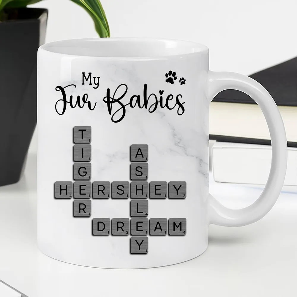 Personalized White Ceramic Mug for Fur Babies Lovers with Crossword Pet Names, Cute Unique Gift for Dog or Cat Mom