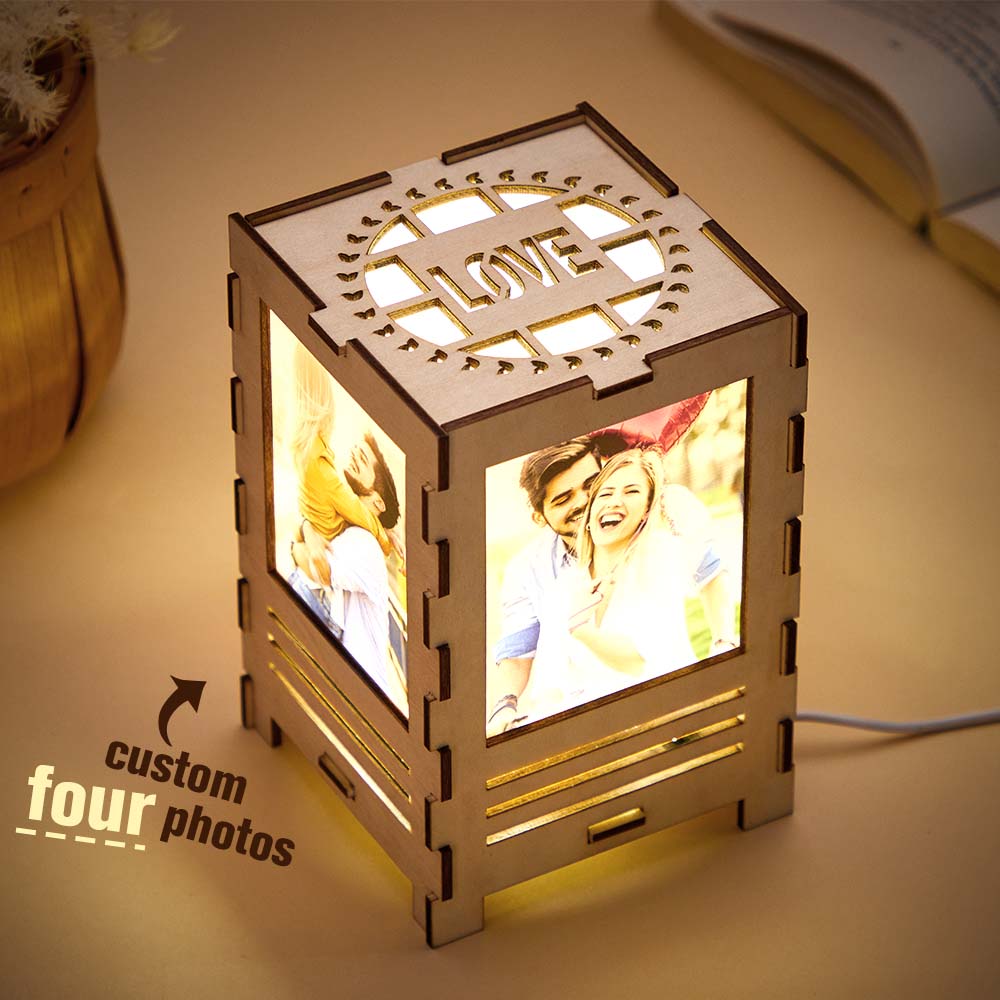 Four-sided Photos Wooden - Personalized Couple Any Photo Lamp