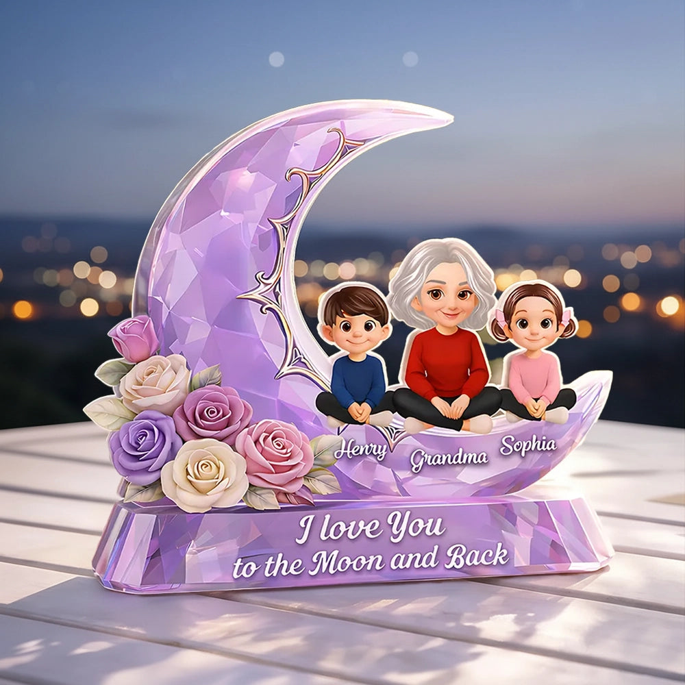 Personalized Shaped Acrylic Block Plaque with Grandma and Grandkids on a Purple Moon, Unique Gift for Grandma, I Love You to the Moon and Back
