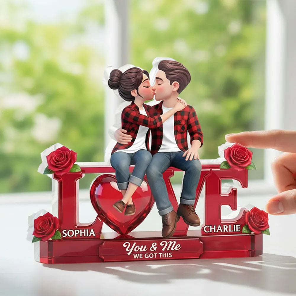 Personalized Shaped Acrylic Block Plaque with Kissing Couple on LOVE and Roses - Unique Romantic Gift for Him or Her