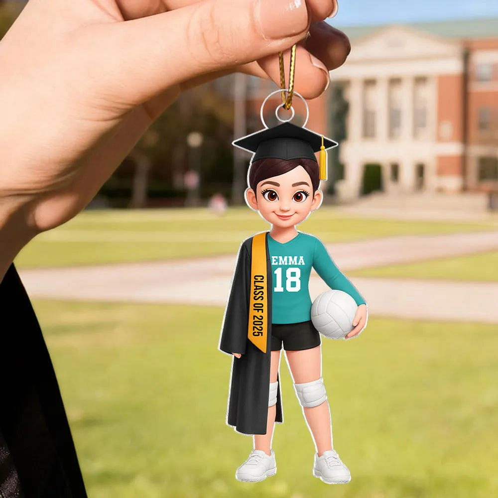 Graduation Volleyball Girl Acrylic Ornament with custom name & year, sporty keepsake gift for students and athletes