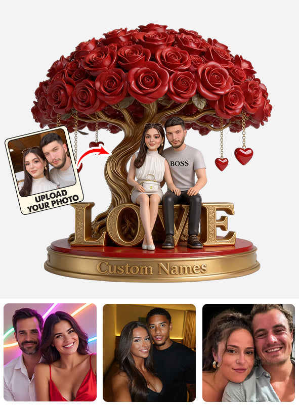 Custom Lesbian Couple Figurine Statue under Red Rose Tree, Engraved Name, Romantic Same Sex LGBT Anniversary Wedding Gift Home Decor
