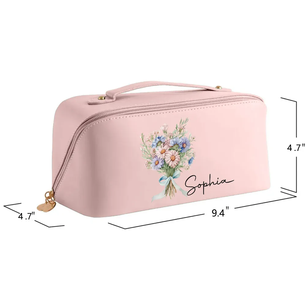 Personalized Leather Makeup Bag with Purple Florals, Custom Gift for Her & Stylish Travel Organizer