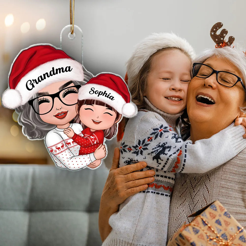 Gift for Grandkid & Grandma - Grandma Mom Hugging Kid - Personalized Custom Ornament, Keychain,Plaque and Pillow
