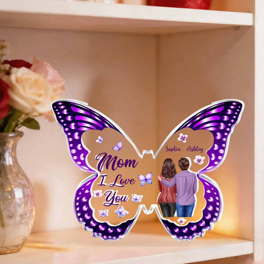 Personalized Butterfly Shaped Acrylic Block Plaque, Mom I Love You Gift, Hugging Mom & Daughter Keepsake for Shelf Decor