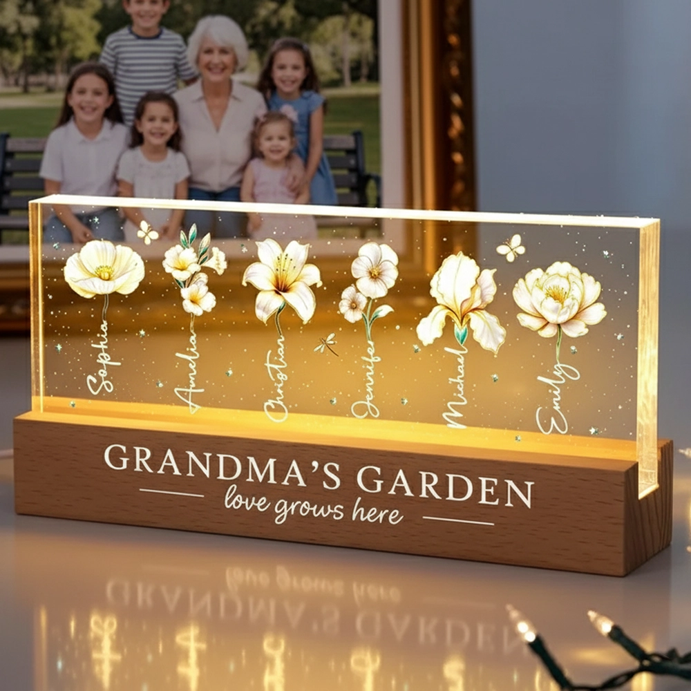 Grandma's Garden Block LED Light Plaque with Birth Month Flowers, Warm Glow Decor, Personalized Unique Gift for Grandma