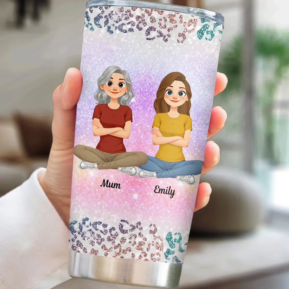 Personalized Insulated Travel Tumbler with Cute Cartoon Mom and Daughter - Unique Gift for Her, Bright Leopard Glitter Style