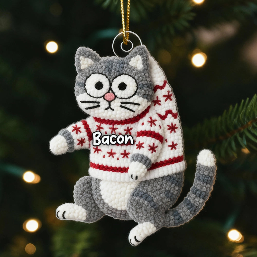 Personalized Cat Acrylic Christmas Ornament with Cozy Latch-Hook Look Sweater – Cute Holiday Gift for Cat Lovers