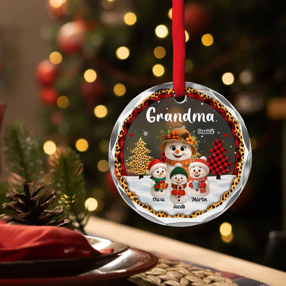 Personalized Crystal Ornament for Grandma with Cute Snowman Grandkid Scene, Festive Holiday Decor & Unique Gift