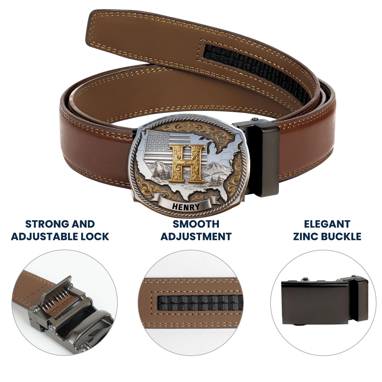 Custom Initial Buckle Belt, United State Map, Gift For Him - Personalized Patriot Leather Belt With Shaped Buckle