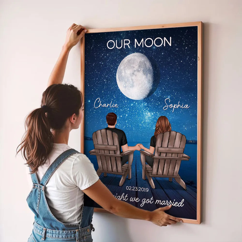 Personalized Moon Poster, Couple Holding Hands by the Ocean at Night, Unique Romantic Gift for Her or Him