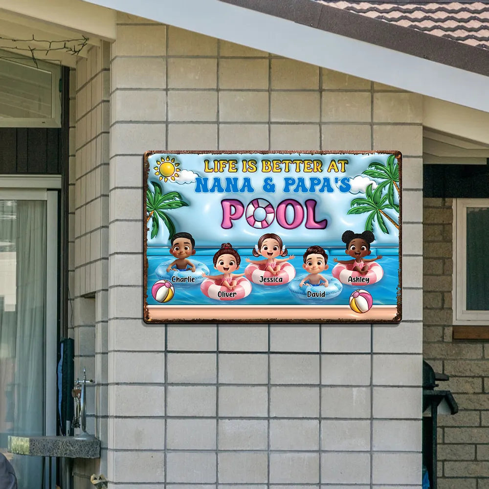 Life Is Better At Nana & Papa's Pool – Personalized Rectangular Iron Sign, Summer Poolside Gift For Grandparents