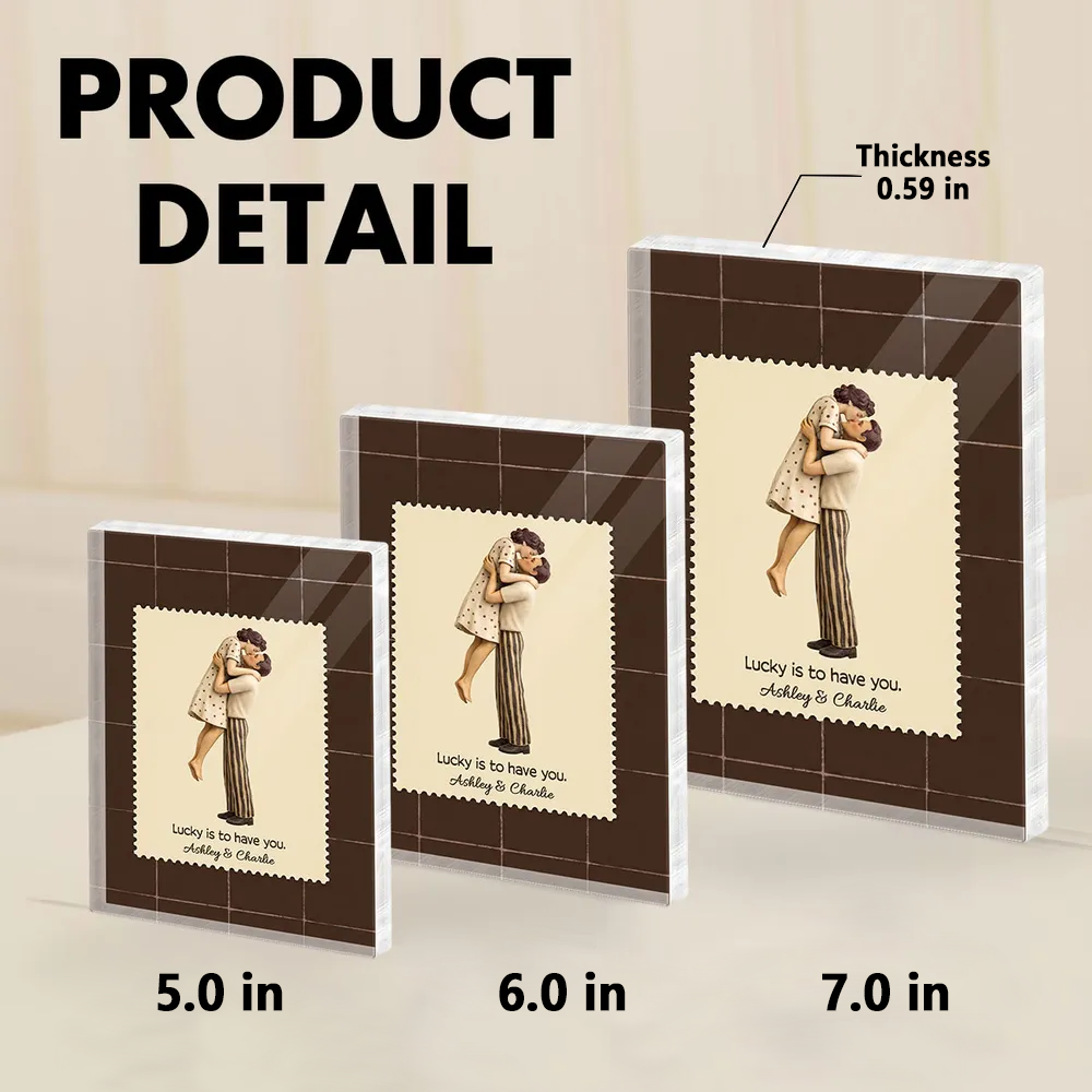 Lucky Is To Have You Rectangle Acrylic Block Plaque, Mid-Century Kiss Couple Desk Decor, Unique Valentine's Day Gift