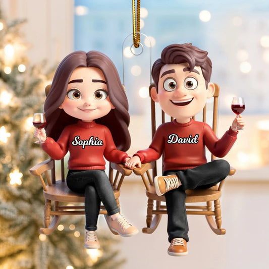 Personalized Acrylic Ornament with Cute Cartoon Couple in Rocking Chairs – Cozy Wine Night Scene, Unique Gift for Couples & Home Holiday Decor