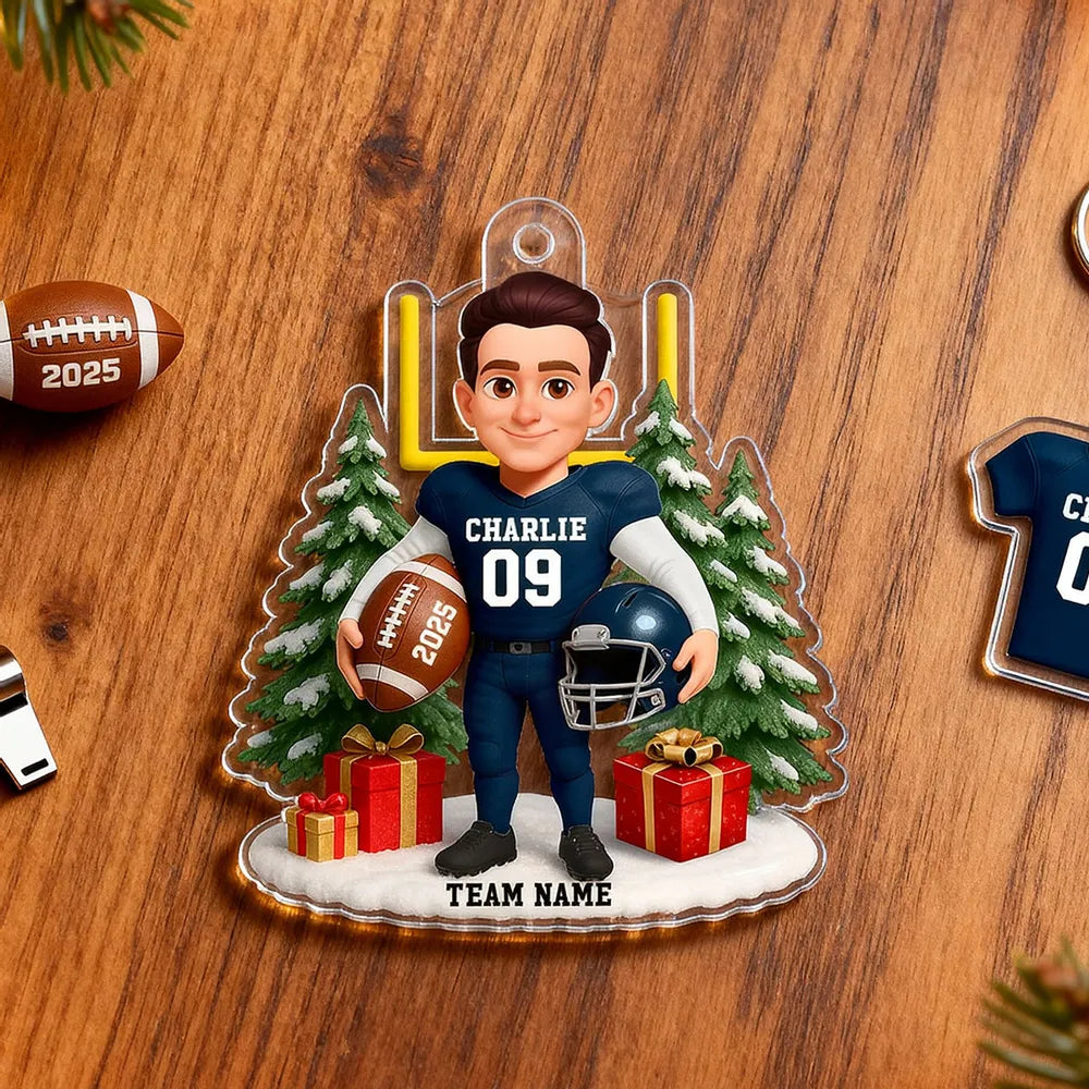 Acrylic Ornament Cute Football Player with Gifts & Trees, Festive Decor, Creative Gift for Kids and Football Lovers