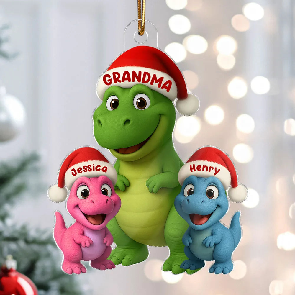 Christmas Grandma & Grandkids Dinosaur Acrylic Ornament – Adorable Family Keepsake, Perfect Gift for Grandparents