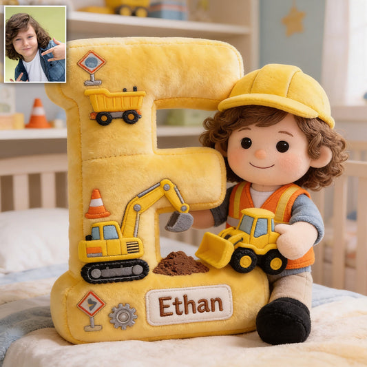 Construction Alphabet Letter & Custom Photo - Personalized Kid Premium Faux Fur Pillow