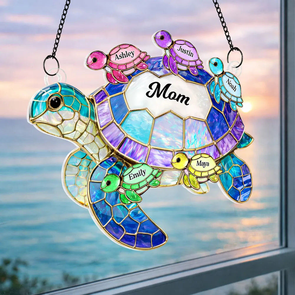 Personalized Sea Turtle Grandma Acrylic Suncatcher Ornament, Colorful Sunlight Reflection Window Decor, Unique Gift for Grandma