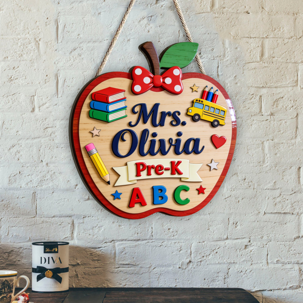 Apple 3D Shaped Door Hanger - Personalized Teacher Custom Shaped Wood Sign