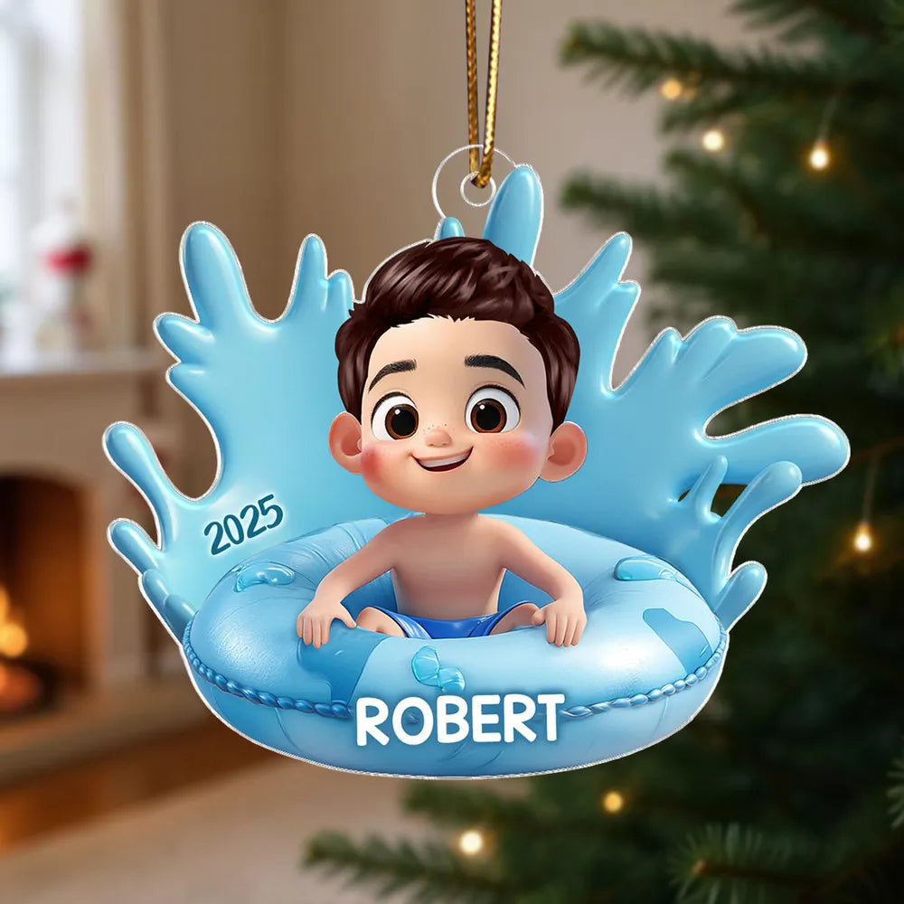 Acrylic Ornament - Cute 3D Pool Float Kid, Customizable Tree Keepsake, unique gift for Kids and Family
