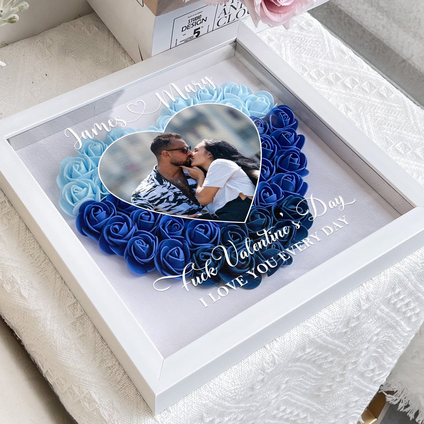 Personalized Flower Shadow Box with Heart Photo for Kissing Couple Romantic Home Display Unique Gift for Wife or Husband