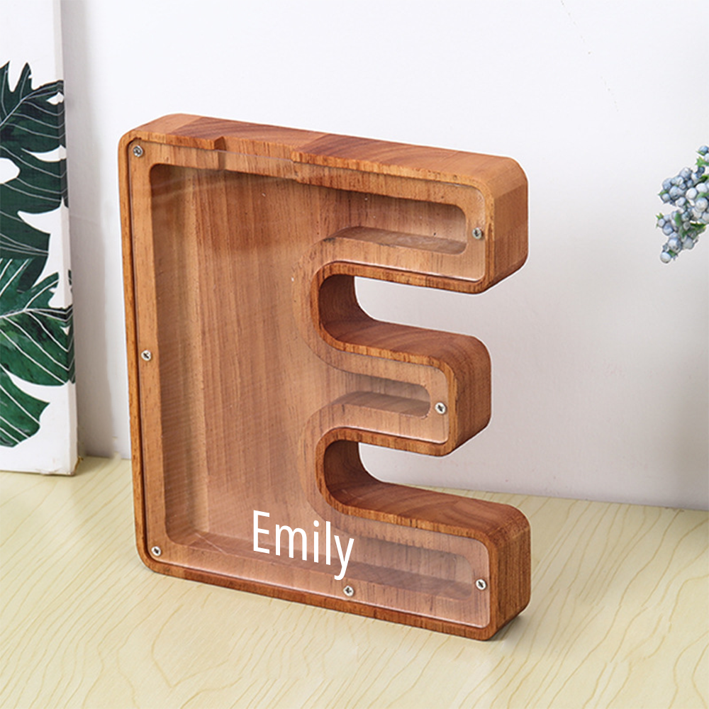 Custom Initial And Name - Personalized Letter And Name Brown Wooden Piggy Bank