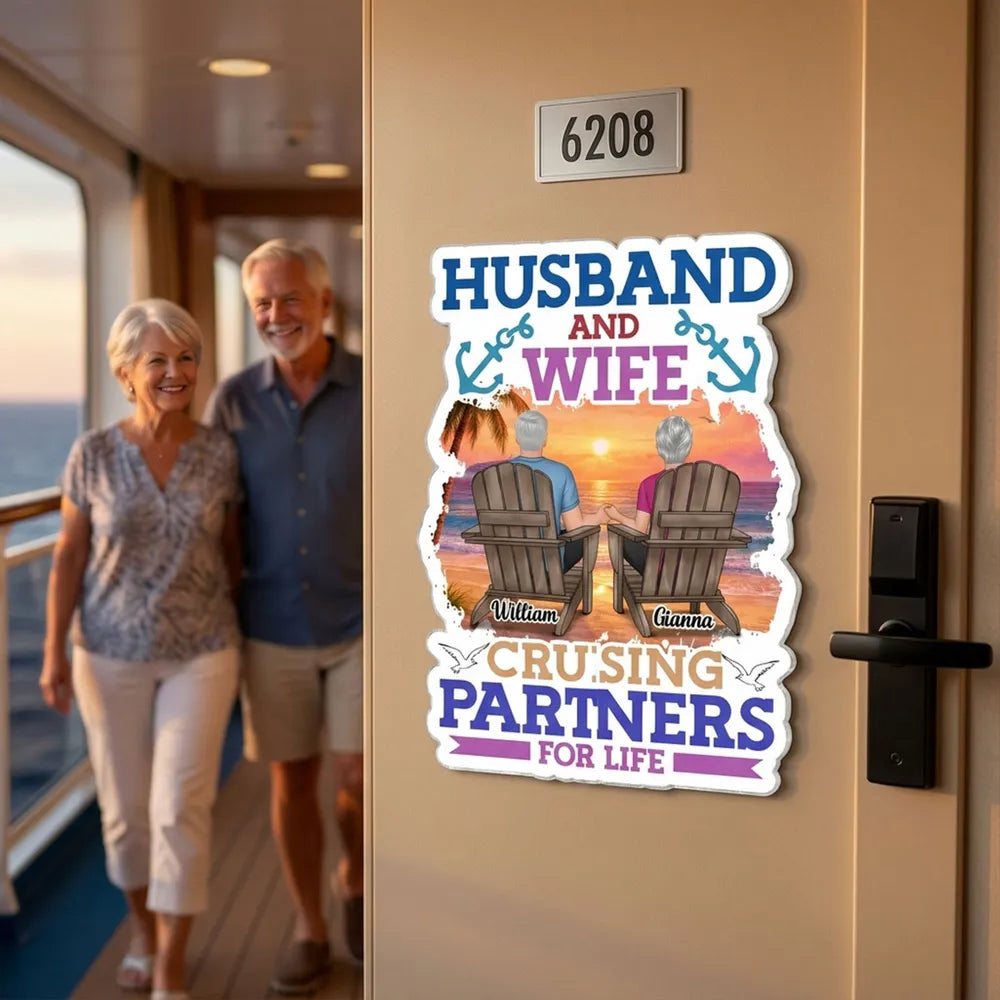 Personalized Acrylic Magnet Cruise Couple Sunset Beach Chairs 'Cruising Partners for Life' Unique Gift for Husband & Wife