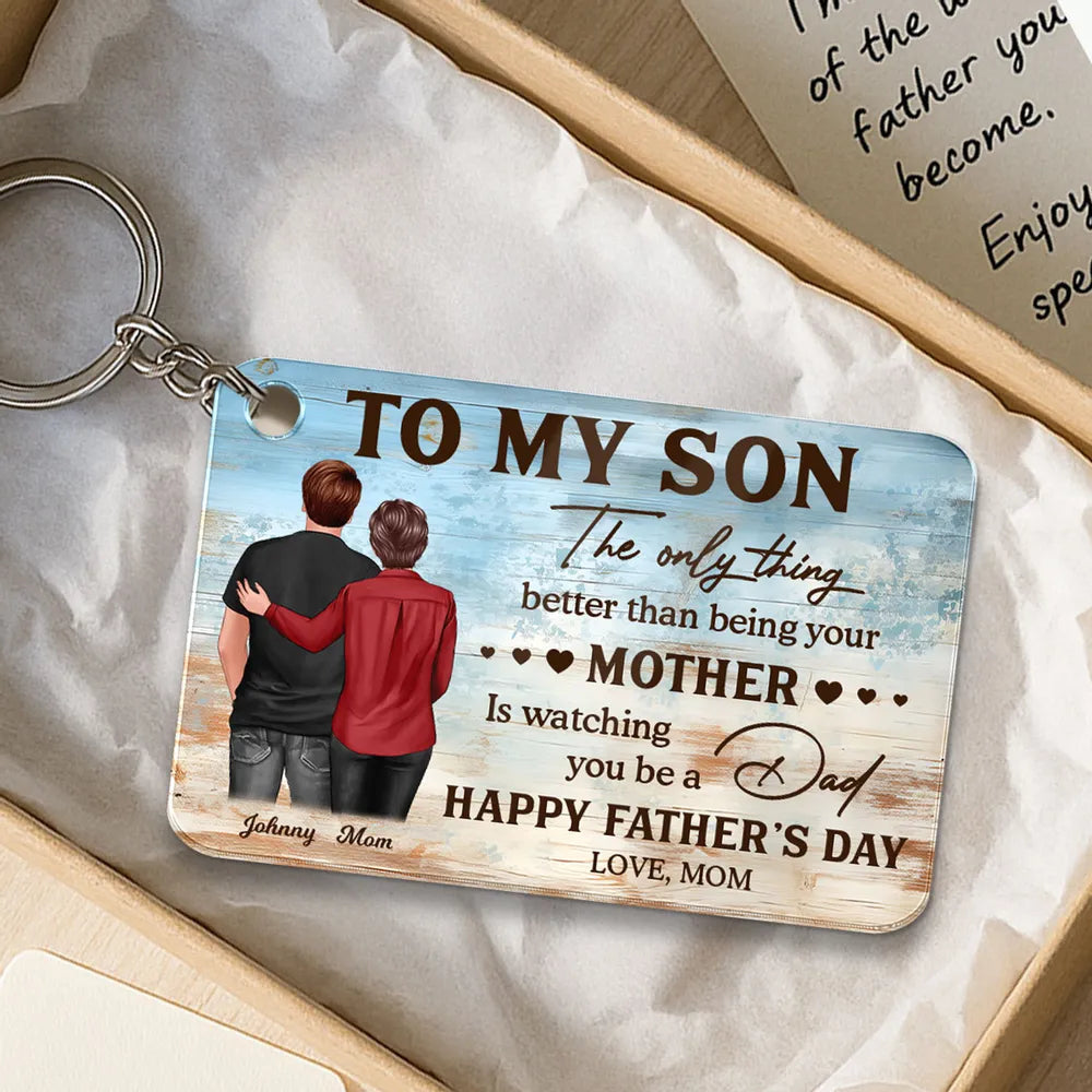 To My Son from Mom – Personalized Father’s Day Keychain, Heartfelt Wall Art Gift for Son, Emotional Gift for New Dad