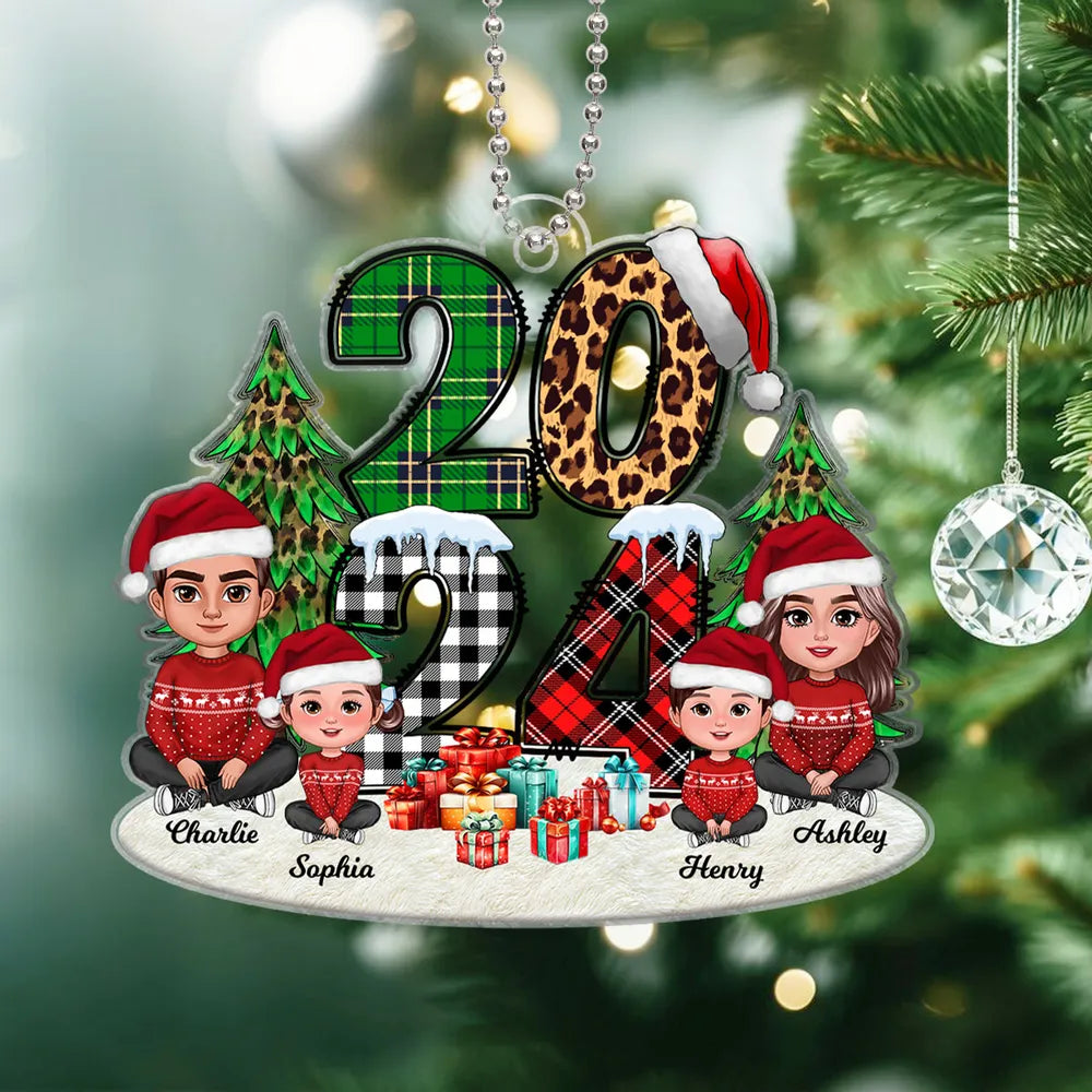 Christmas Family Sitting 2024 Stacked Pattern Personalized Ornament or Keychain or Plaque or Poster