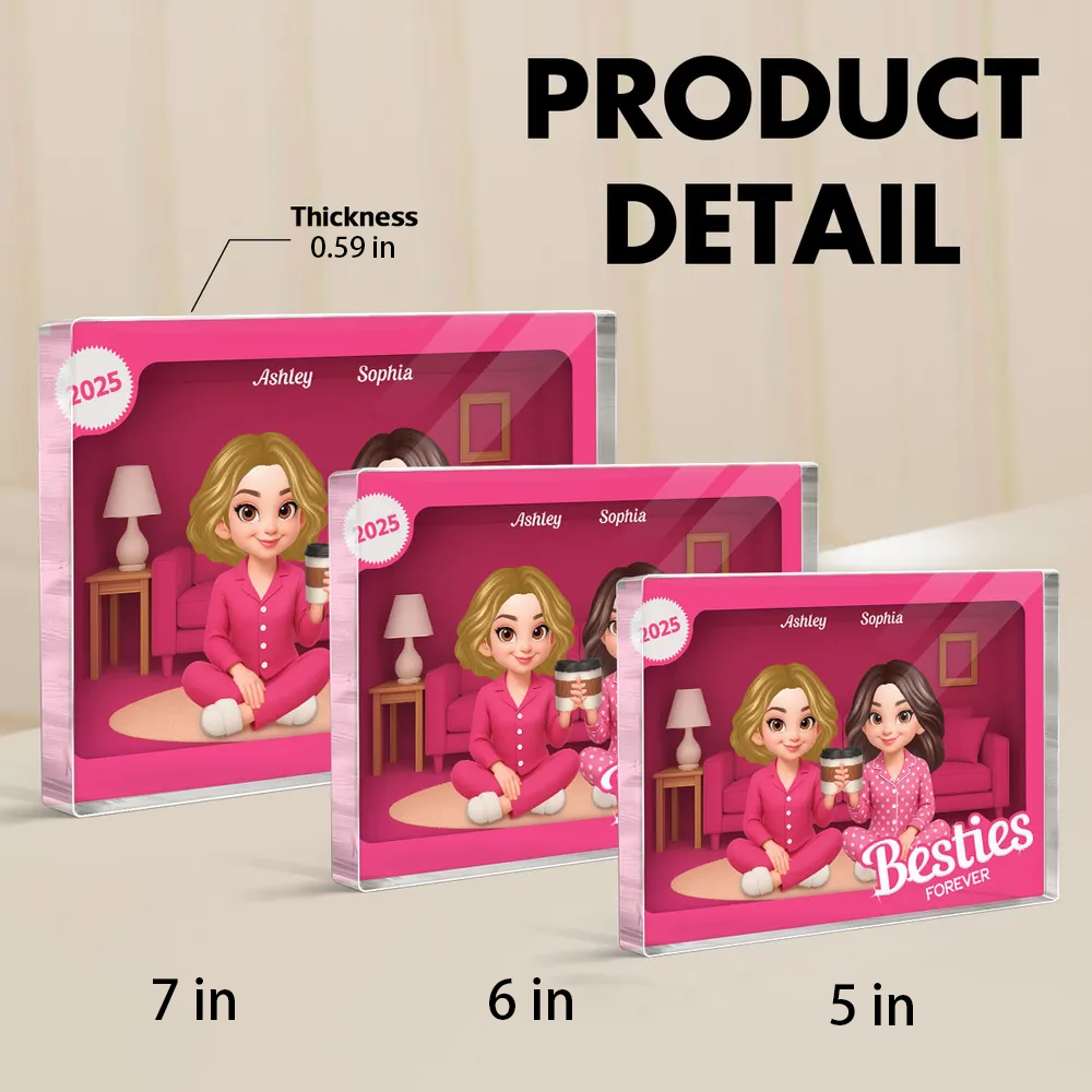 Rectangle Acrylic Block Plaque with Besties Forever Theme, Pajama Illustration, Clear Finish, Perfect Surprise Gift for Friends