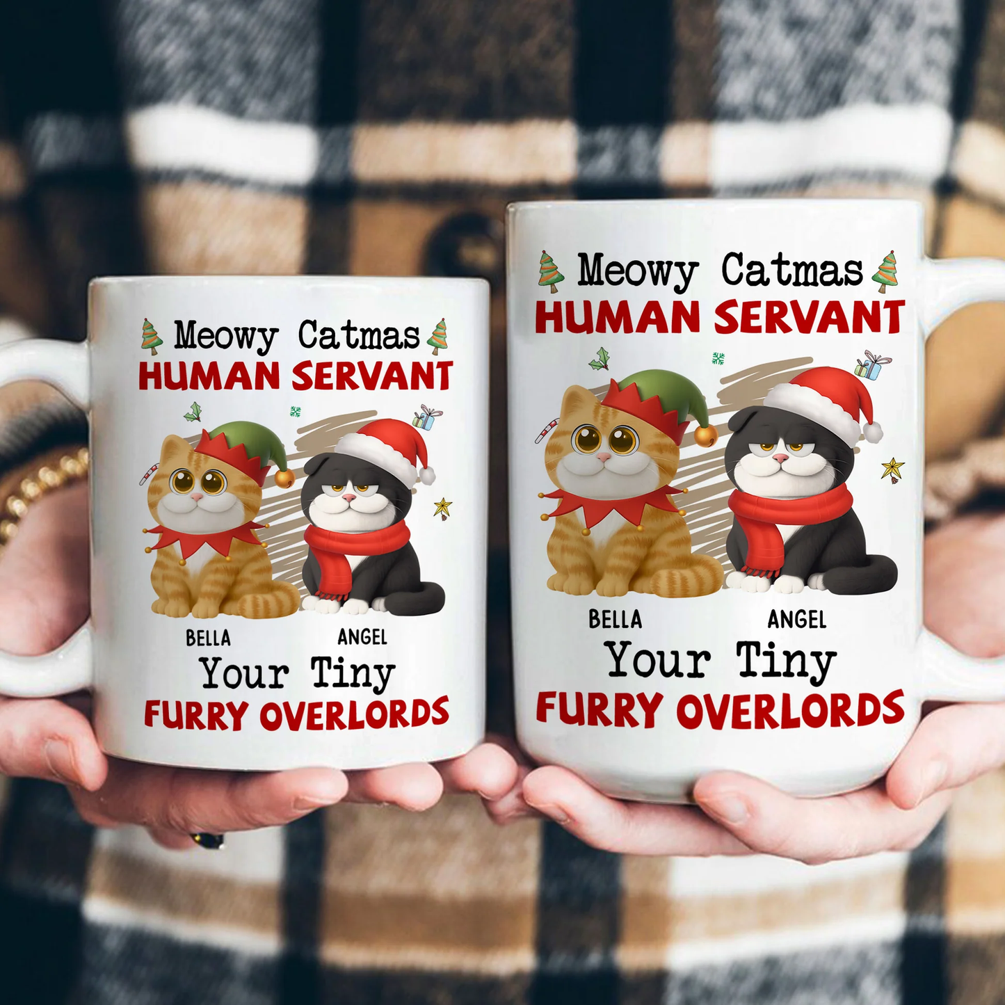 Personalized White Ceramic Mug for Cat Lovers – Meowy Catmas Tiny Furry Overlords Design – Funny Custom Gift for Your Human Servant