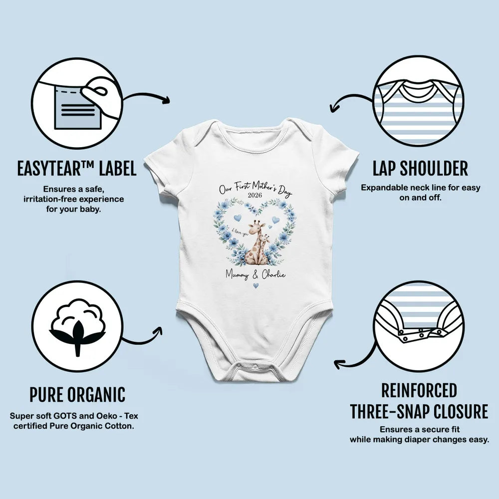 Short Sleeve Baby Onesie Personalized for First Mother's Day, Blue Floral Giraffe Mom and Baby, Sweet Photo-Ready Gift