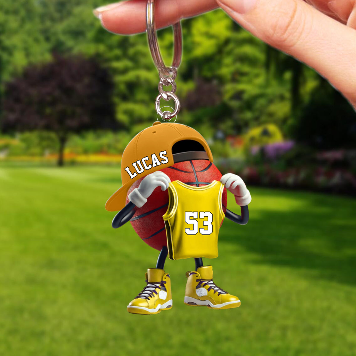 Personalized Basketball Character Acrylic Keychain on Outdoor Court - Unique Custom Gift for Basketball Fans