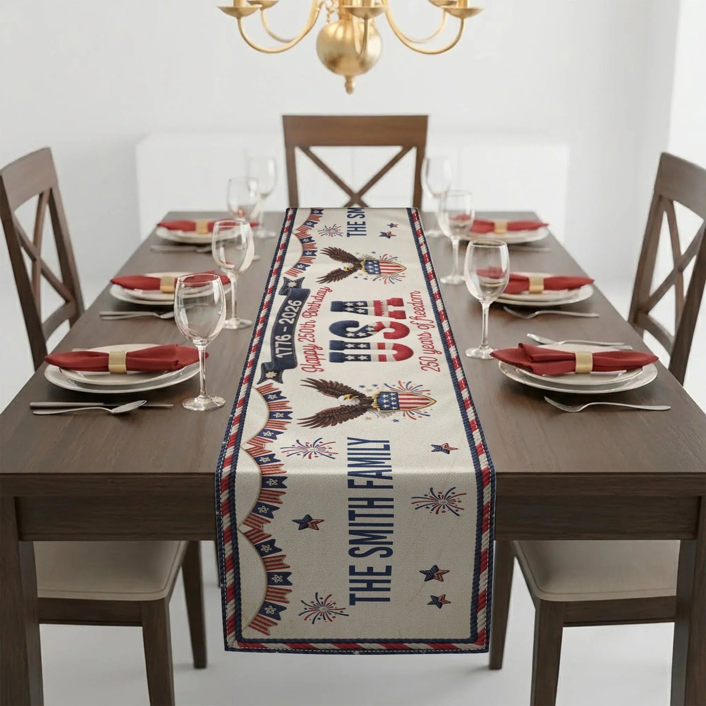 Personalized USA 250th Anniversary Table Runner with Patriotic Eagles & Fireworks - Unique Creative Gift for Family Hosts
