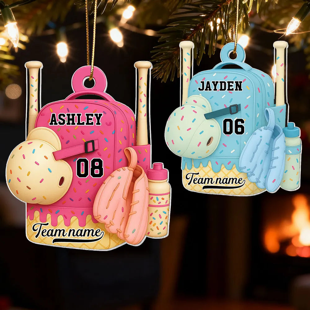 Acrylic Ornament Baseball Softball Backpack, customizable candy-sprinkle design for holiday tree, cute unique gift for kids