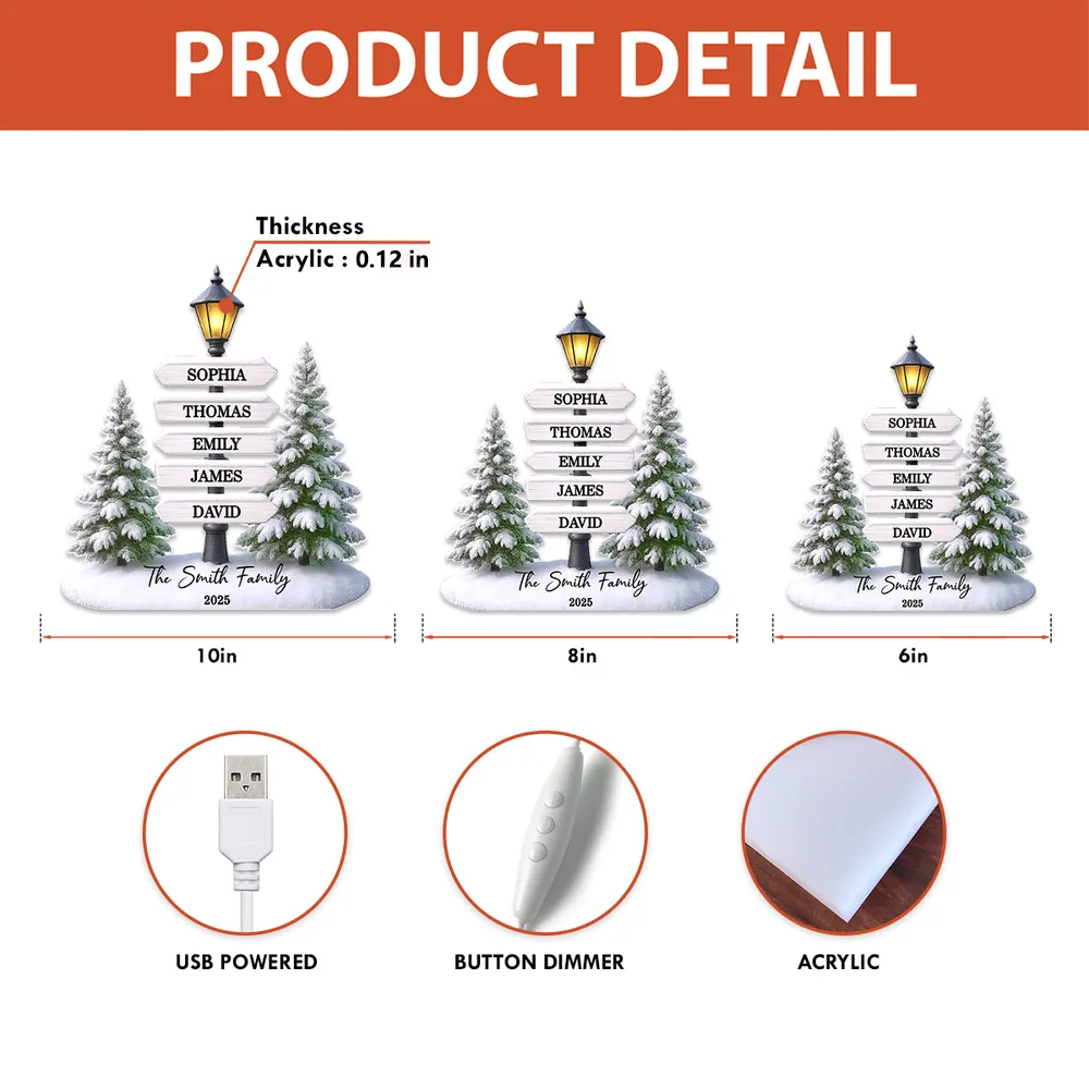 Personalized Christmas Acrylic Light Box with Family Signpost & Snowy Trees, Warm Glow Holiday Décor, Unique Gift for Loved Ones