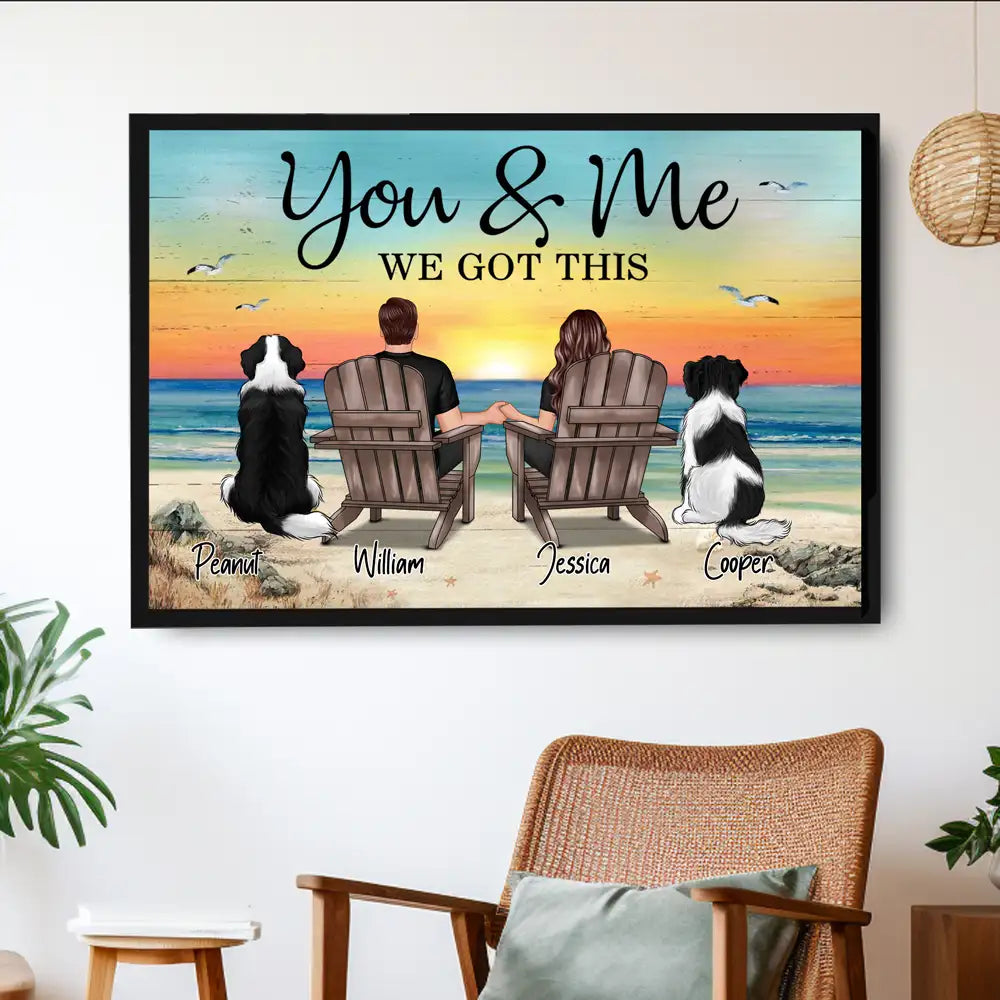 "You & Me – Custom Couple Poster with Pets, Personalized Beach Scene, Romantic Gift for Couples"