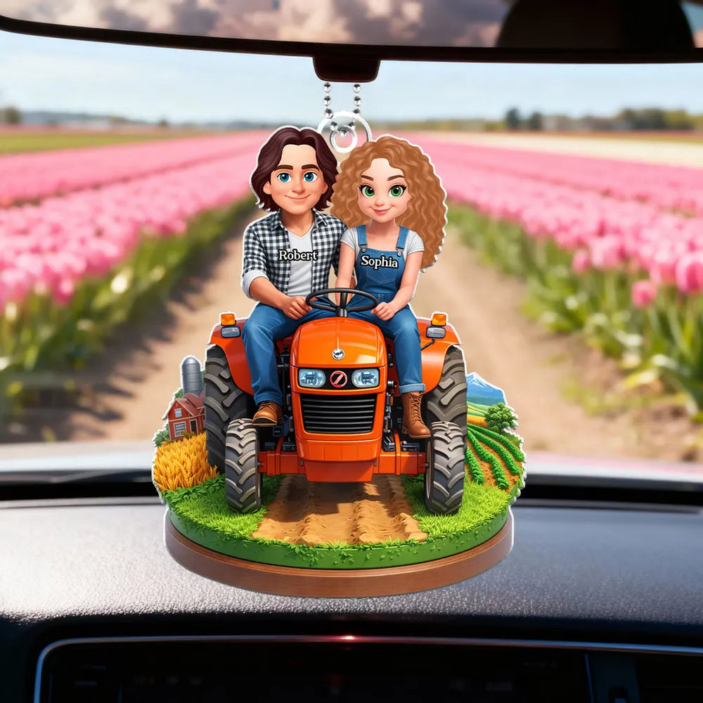 Personalized Acrylic Car Hanger Cute Cartoon Farmer Couple on Tractor, Country Drive Mirror Decor, Unique Gift