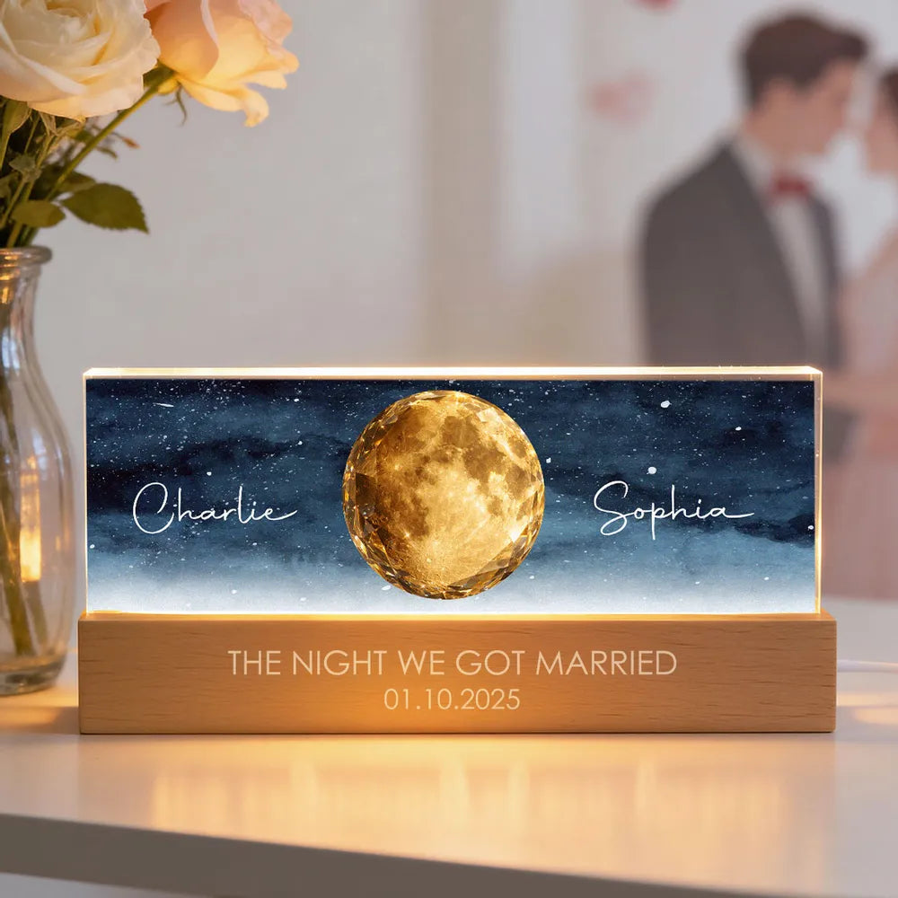 Personalized Moon Phase Block LED Light Plaque for Couple - Starry Night Bedside Decor, Unique Anniversary Gift