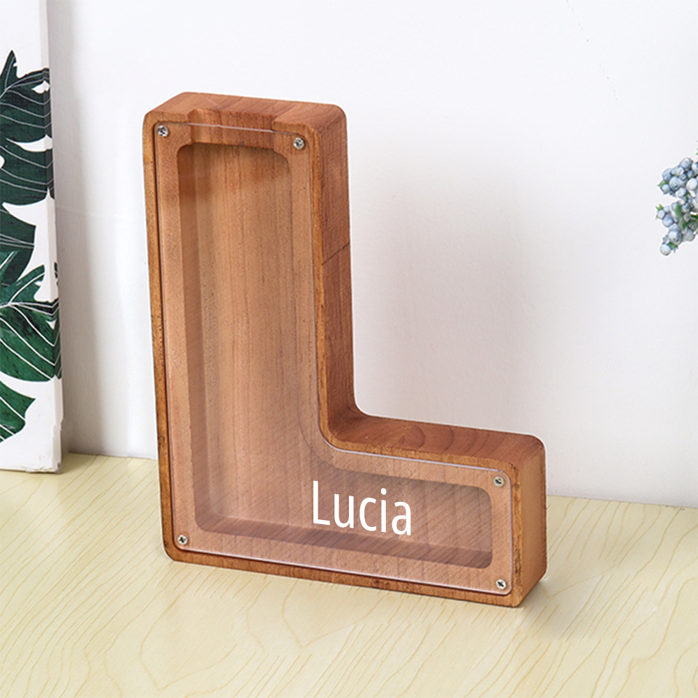 Custom Initial And Name - Personalized Letter And Name Brown Wooden Piggy Bank