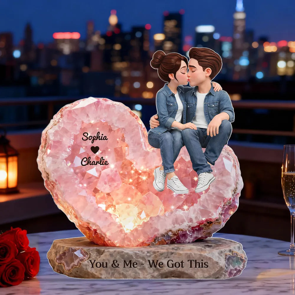 Personalized Shaped Acrylic Block Plaque, Kissing Couple Rose Quartz Heart Decor, You & Me We Got This Unique Gift