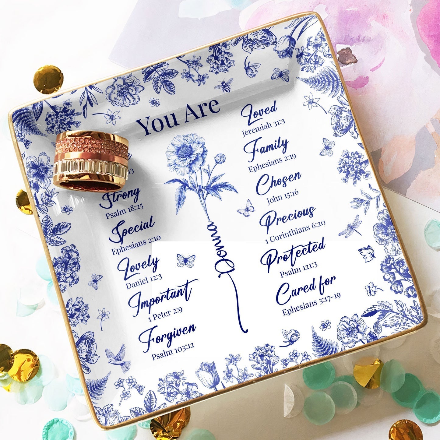 Jewelry Dish for Women, blue floral border with affirmation words, gold rim accents, elegant keepsake, customizable, a thoughtful gift