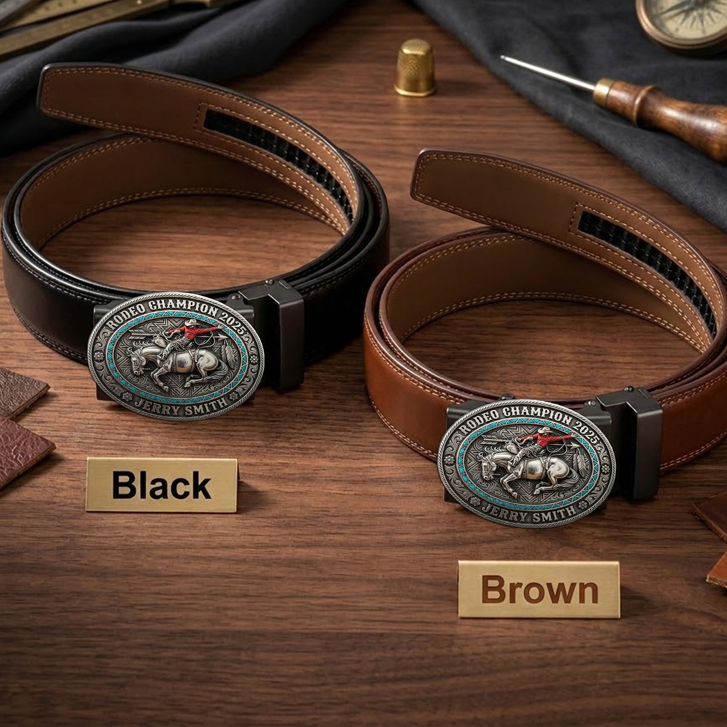 Custom From Any Photo, Rodeo Gift, Bull Riding - Personalized Western Outfit Leather Belt With Shaped Buckle
