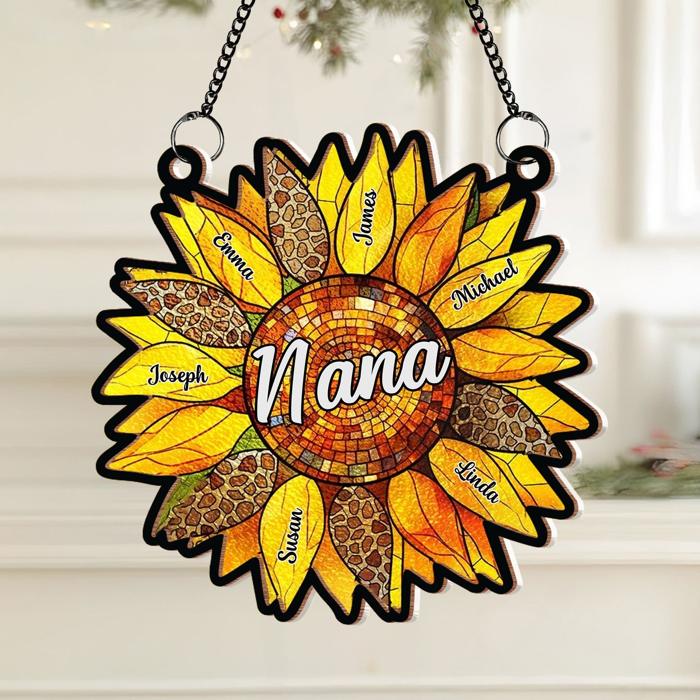 Nana Auntie Mom Family Sunflower Window Hanging Ornament - Personalized Wood and Acrylic Layered Design for Mother's Day, Valentine's Day, or Family Gifting
