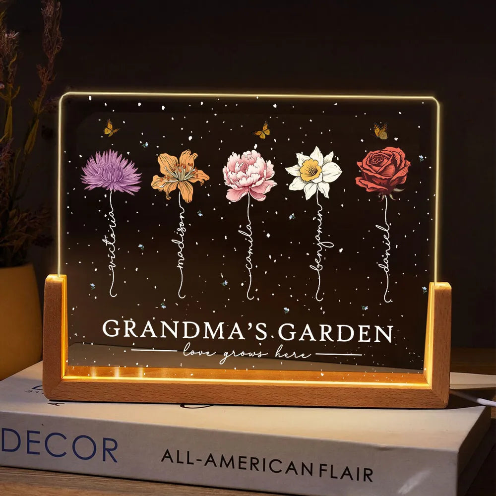 Custom LED Frame Poster - Birth Month Flower Art with Grandkids' Names