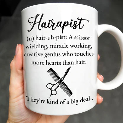 Personalized Hairapist Definition Ceramic Mug, Funny Scissor & Comb Coffee Cup, Unique Gift for Hairstylists